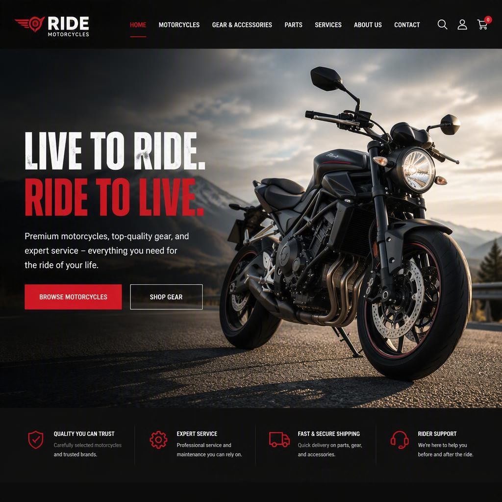 Ride Motorcycles website homepage