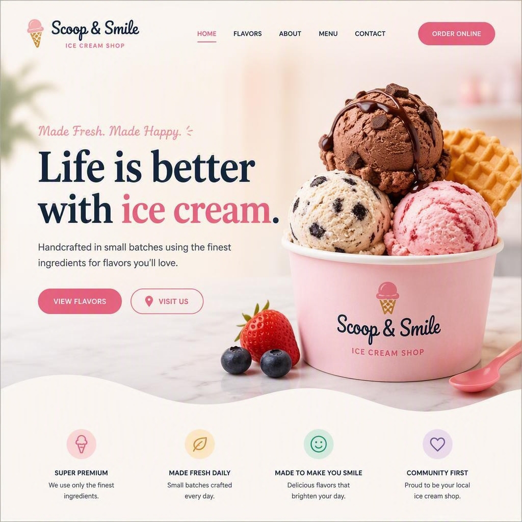 Scoop & Smile Ice Cream Shop website homepage